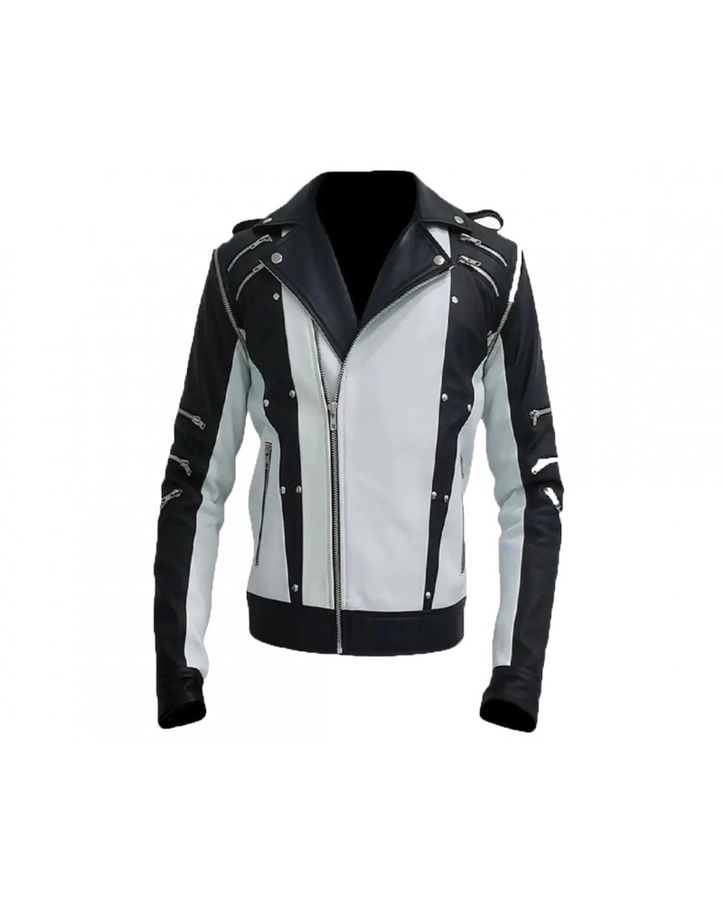 Michael Jackson Pepsi Punk Rock Style Black and White Leather Biker Jacket
