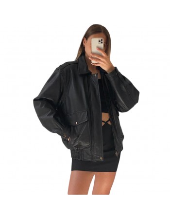 Laverapelle Women's Genuine Lambskin Oversized Bomber Leather Jacket (Black, Bomber Jacket) - 2621002 Laverapelle Women's Genuine Lambskin Oversized Bomber Leather Jacket (Black, Bomber Jacket) - 2621002