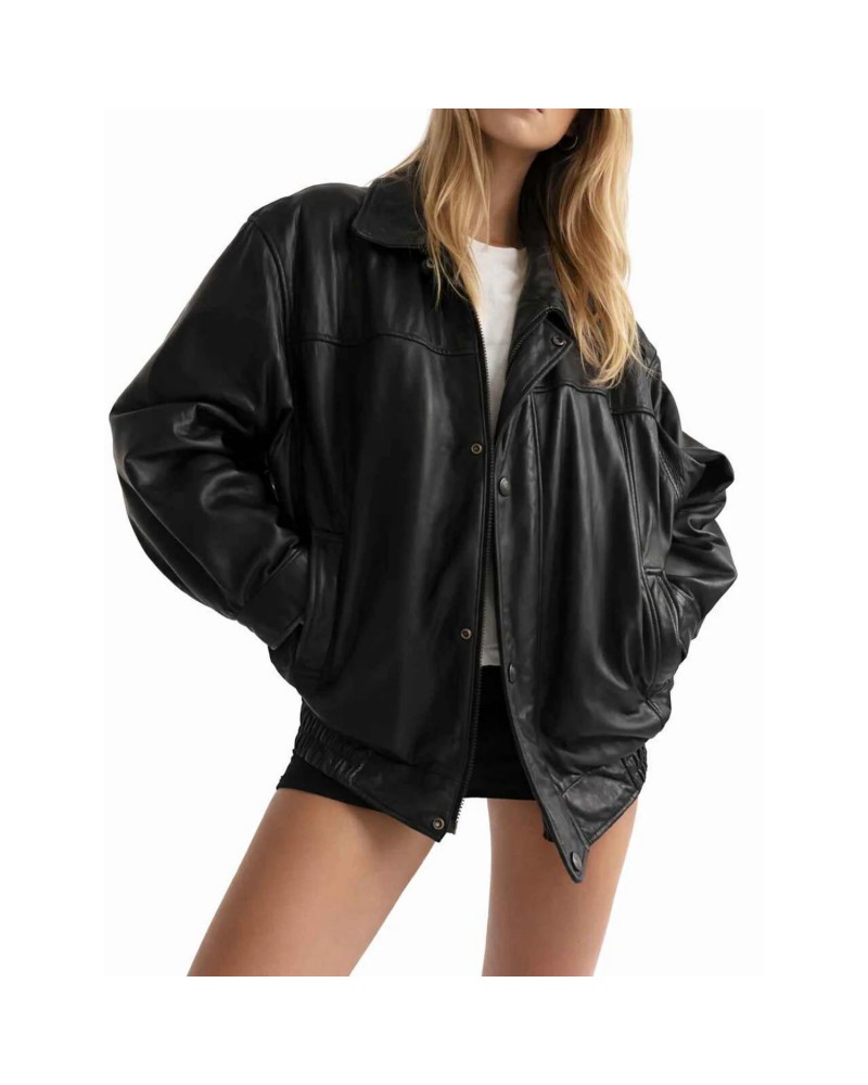 Laverapelle Women's Genuine Lambskin Oversized Bomber Leather Jacket (Black, Bomber Jacket) - 2621004 Laverapelle Women's Genuine Lambskin Oversized Bomber Leather Jacket (Black, Bomber Jacket) - 2621004